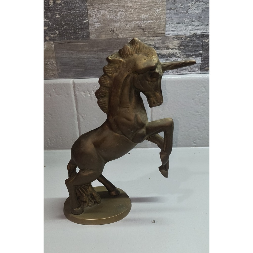 Vintage Solid Brass Rearing Unicorn Figurine Statue Mythical Creature Decor 7.5"